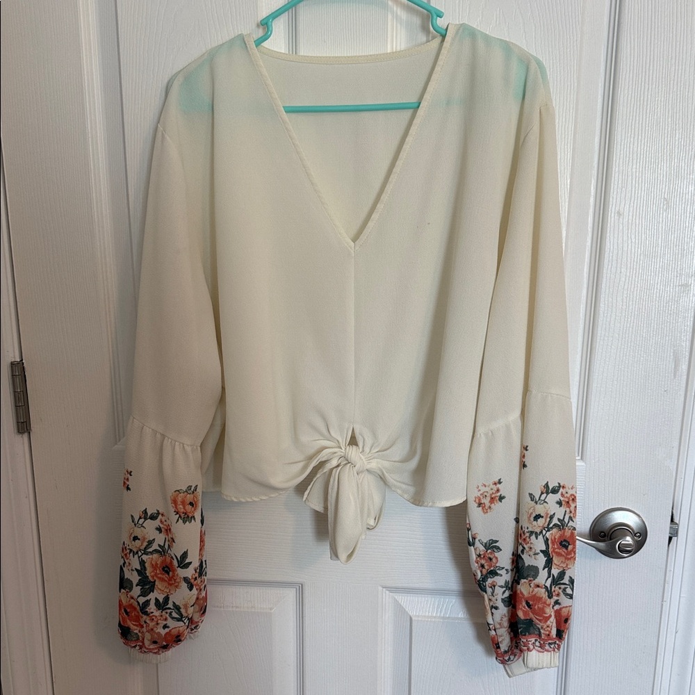 Floral Sleeve Cream Blouse cropped